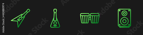 Set line Drum, Electric bass guitar, Guitar and Stereo speaker. Gradient color icons. Vector