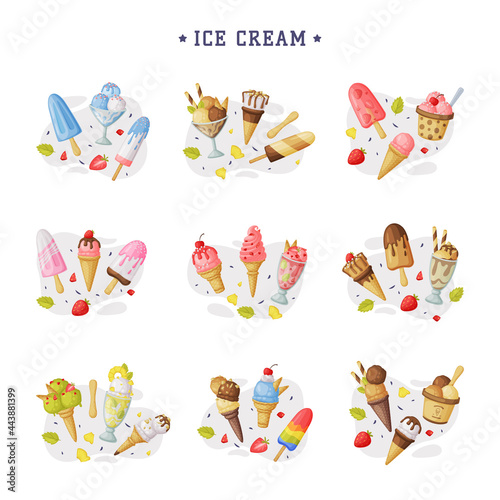 Ice Cream Set, Cold Sweet Tasty Desserts of Different Flavors Cartoon Vector Illustration