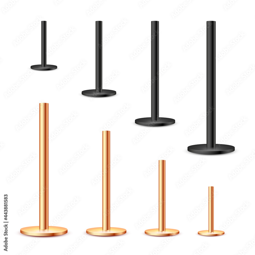 Realistic metal poles collection isolated on white background. Glossy bronze and steel pipes of various diameters. Billboard or advertising banner mount, holder. Vector illustration.
