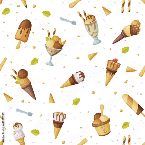 Ice Cream Seamless Pattern, Fresh Cold Summer Tasty Desserts Background, Wallpaper, Textile, Packaging Design Cartoon Vector Illustration