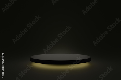 Simple blank luxury black gradient background with gold light under product display platform. Empty studio with circle podium pedestal on a black backdrop. 3D rendering