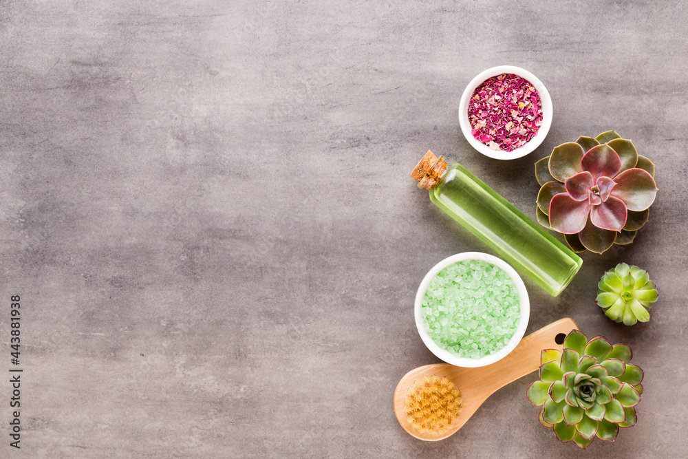 Spa background with hand made bio cosmetic and cactus composition, flat lay, space for a text - Image. Spa background with hand made bio cosmetic and cactus composition, flat lay, space for a text - Image.