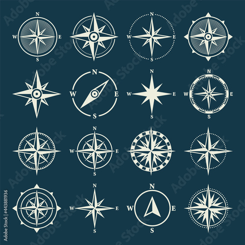 Vintage marine wind rose, nautical chart. Monochrome navigational compass with cardinal directions of North, East, South, West. Geographical position, cartography and navigation. Vector illustration.