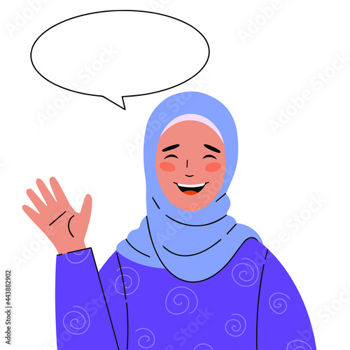 Illustration of a beautiful smiling Muslim woman in a headscarf with a welcoming gesture. The girl says hello!