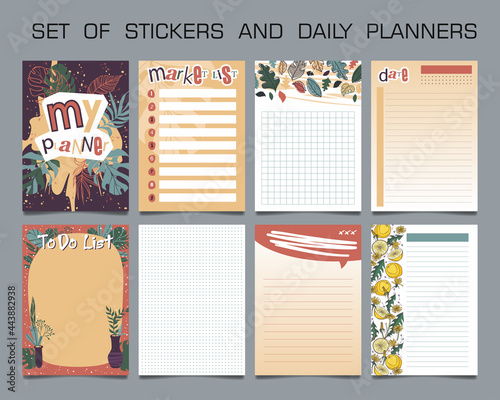 A set of planing and diary cards, note paper, to-do list decorated with plant illustrations. Organizer. Vector.