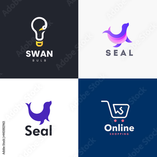 Shopping logo design, seal animal logo vector, Swan logo vector, bulb logo vector design set concept 