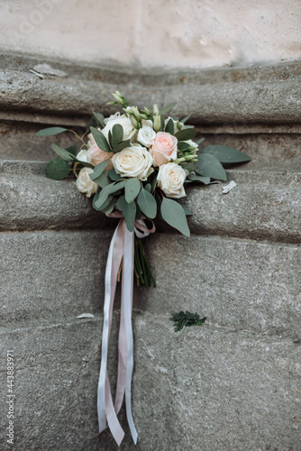 Wedding bouquet with satin and silk ribbons