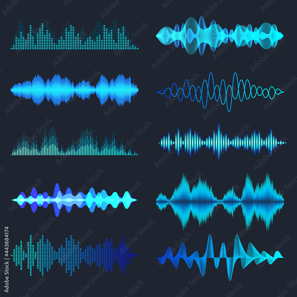 Blue colorful sound waves collection. Analog and digital audio signal.  Music equalizer. Interference voice recording. High frequency radio wave.  Vector illustration. Stock Vector | Adobe Stock