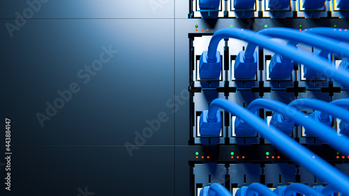 Internet Network Switch With Plugged Internet Ethernet Cables. Concept of Data Center, Cloud Computing and Telecommunications. 3d rendering