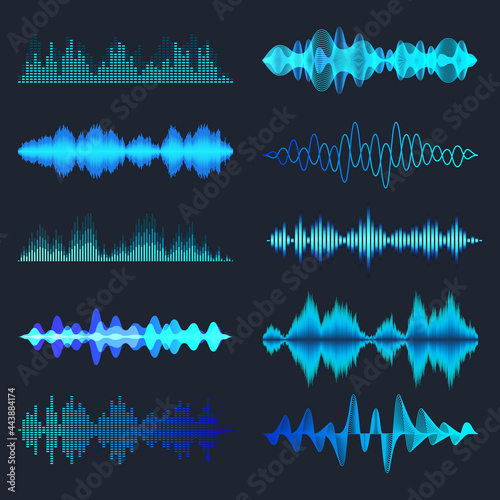 Blue colorful sound waves collection. Analog and digital audio signal. Music equalizer. Interference voice recording. High frequency radio wave. Vector illustration.