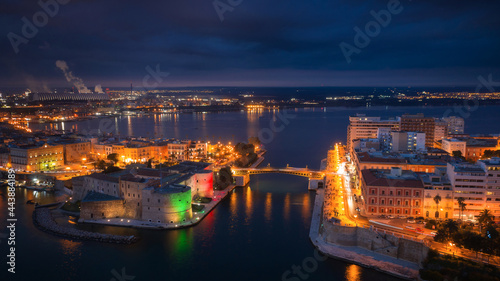 Aerial view of Taranto city at night, Puglia. Italy