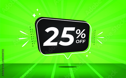 25% off. Green banner with twenty-five percent discount on a black balloon for mega big sales.