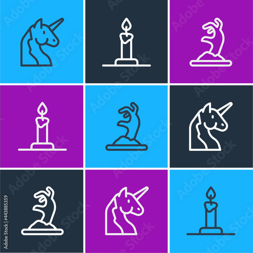 Set line Unicorn, Zombie hand and Burning candle in candlestick icon. Vector