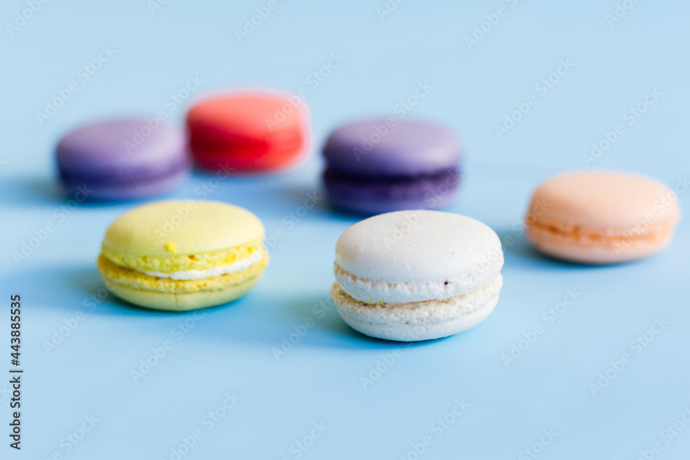 Obraz premium Colorful macaroons on a blue background