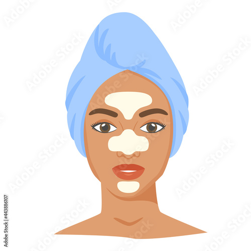 Young black woman with t-zone strips and towel on head. Skincare procedures at home. Cosmetic patches for nose, forehead and chin. Vector