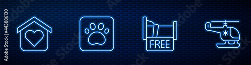 Set line Free overnight stay house, Shelter for homeless, Paw print and Rescue helicopter. Glowing neon icon on brick wall. Vector