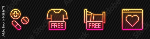 Set line Free overnight stay house, Medicine pill or tablet, Clothes donation and Dating app online. Glowing neon icon. Vector