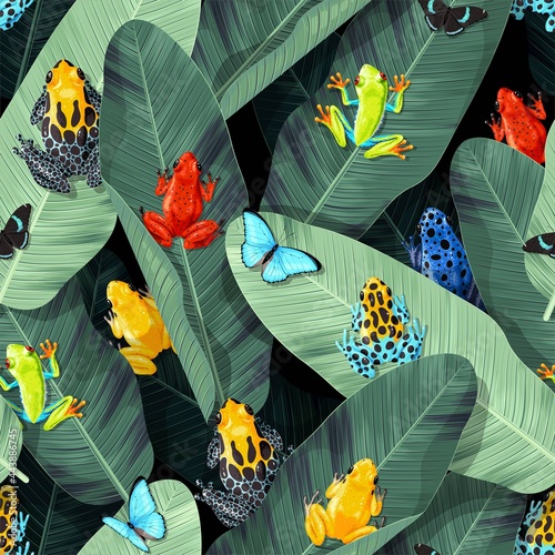 Seamless pattern with tropical frogs and palm leaf