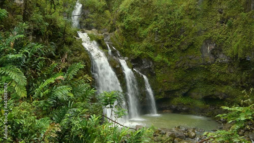 Waterfalls in Rainforest - A close-up view of a multi-tiered waterfall inside of a dense rain-forest at side of the Road to Hana Highway on a rainy afternoon, Maui, Hawaii, USA.