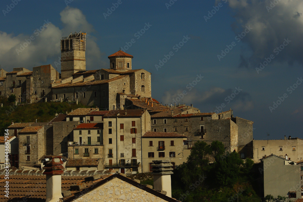 The village of Castel Del Monte (AQ), after the 2009 earthquake, damage to the collapsed bell tower can be seen, Abruzzo, Italy