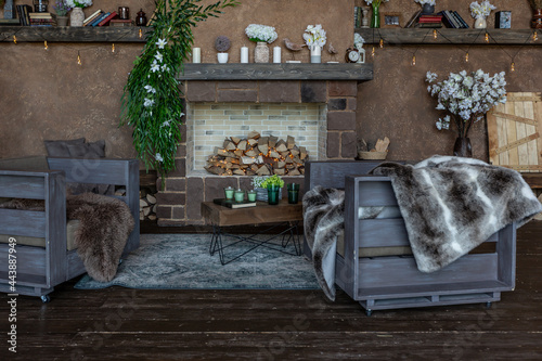 dark cozy interior of big country wooden house  wooden furniture and animal furs. huge panoramic window and very high ceiling.