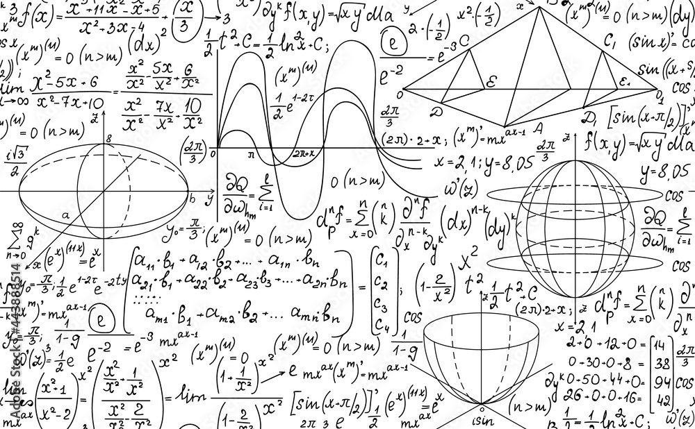 Mathematical vector seamless background with handwritten algebra and geometry formulas on a white paper	
