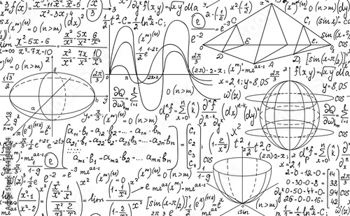 Mathematical vector seamless background with handwritten algebra and geometry formulas on a white paper	
 photo