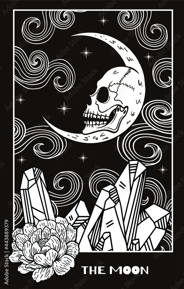 moon tarot card with skull face, crystals and flower vector de Stock |  Adobe Stock