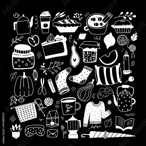 Big set of doodle tea cups, mugs, teapots, cookie, decor elements. Hand drawn vector collection of warm drink objects. cartoon interior design elements. Winter and autumn cozy chalkboard.