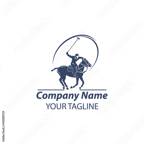 Polo player with rearing up horse and long handled mallet icons for polo club or equestrian sport design.