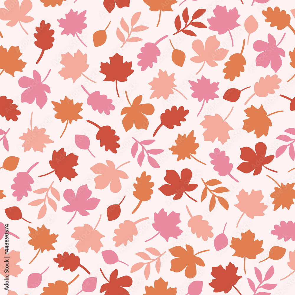 Colorful Red, Orange, Pink Fall Leaves Autumn Seamless Pattern Background