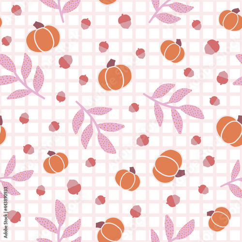 Autumn Acorns, Pumpkins, and Leaves on Gingham Background Seamless Pattern