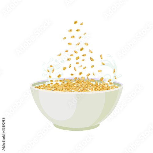 Vector Oatmeal Bowl Isolated on White Background, Oat Grain Porriadge, Breakfast Illustration, Falling Oats.

