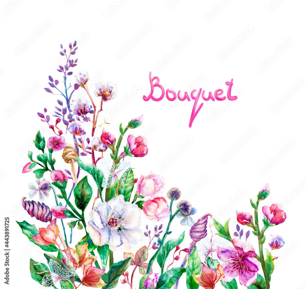 Floral frame design.Colorful branches and flowers: peon, cotton, and other fancy plants isolated with white background. Cute composition for card, postcard, invitation, save the date.
