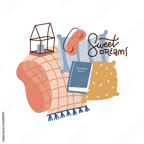 Hand drawn objects about Sleep Routines and written lettering text - Sweet dreams. Composition of hugge elements - pillow, blanket, sleep mask, candle and book. Vector Cozy flat isolated Illustration