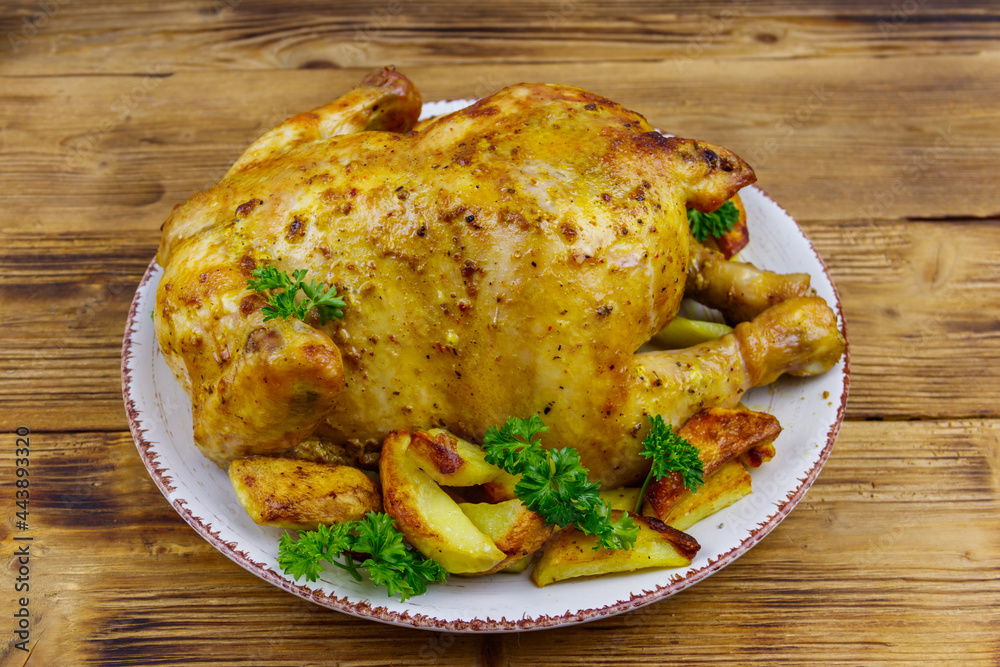 Baked whole chicken with potato on a wooden table Baked whole chicken with potato on a wooden table
