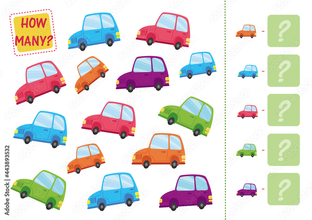 Count how many cars are on the sheet and write the number in the square