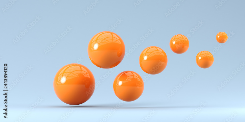 Naklejka 3d render illustration. Falling orange balls in the blue background. Abstraction background for ideas.