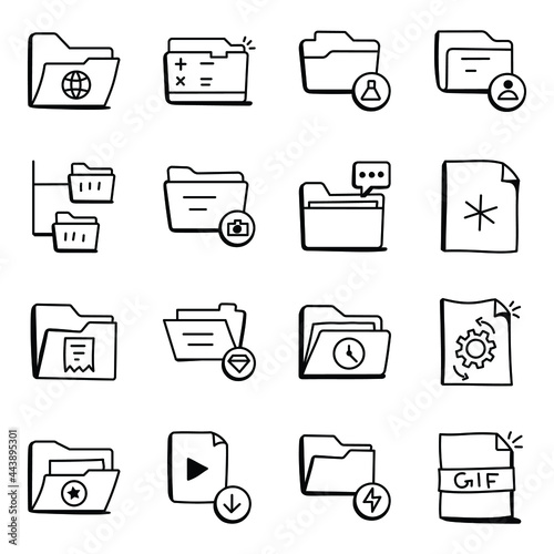 Set of Data and Folders in Doodle Icons

