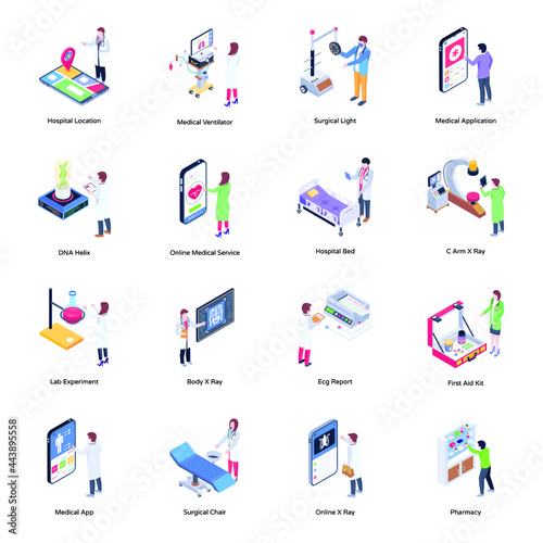 Pack of Medical and Health Services Isometric Illustrations

