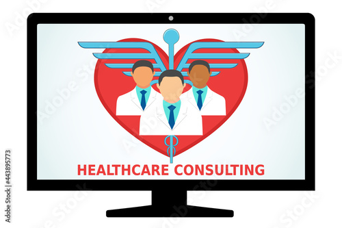 Health consulting flat vector illustration. Heart, doctors,caduceus in a laptop computer.Emergency,medical, and insurance concept design for banner, web.