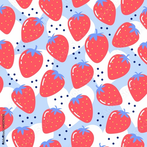 Sweet red strawberries pattern on blue background. Gift card, design for celebrities with fruit. Holiday poster, greeting banner, trendy t-shirt print. Kids background