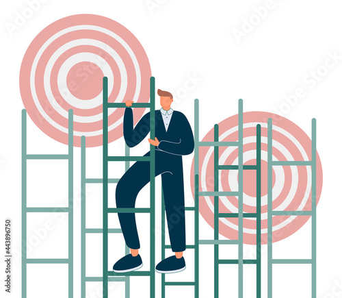 Aim to target and climbing stairs to reach business goal tiny persons concept. Ambitions and determination to get best opportunity and achievement vector illustration. Leadership effort and vision.