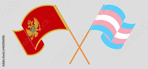 Crossed and waving flags of Montenegro and Transgender Pride