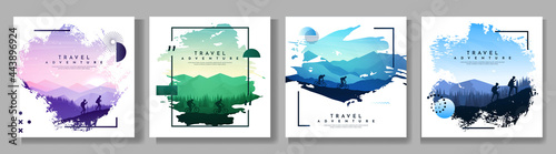 Vector illustration. Travel concept of discovering, exploring and observing nature. Hiking, climbing. Adventure tourism. Flat design template of social media, blog post, poster, invitation, gift card