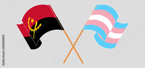 Crossed and waving flags of Angola and Transgender Pride