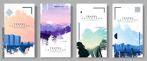 Vector illustration. Travel concept of discovering, exploring and observing nature. Couple hikes, climbs on rock, rides on bike. Adventure tourism. Flat design template of flyer, coupon, voucher, card