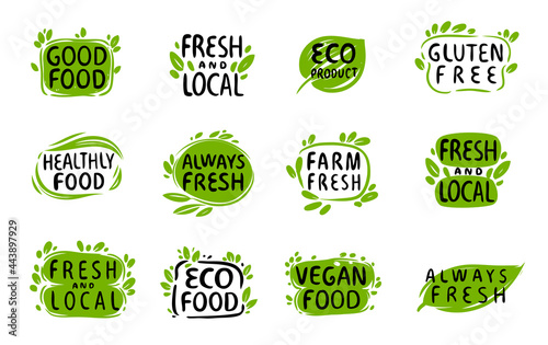 Natural, organic food icon. Set of stickers, labels, tags. Eco, bio with leaves symbol photo