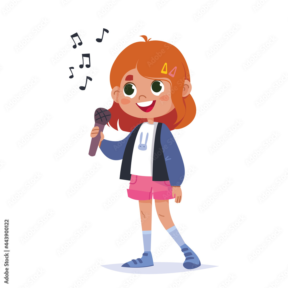 Cute baby girl holding a microphone and singing a song. Singer cartoon girl schoolgirl. Girl teenager sings in karaoke and is shy. Vector illustration of a singing girl isolate.