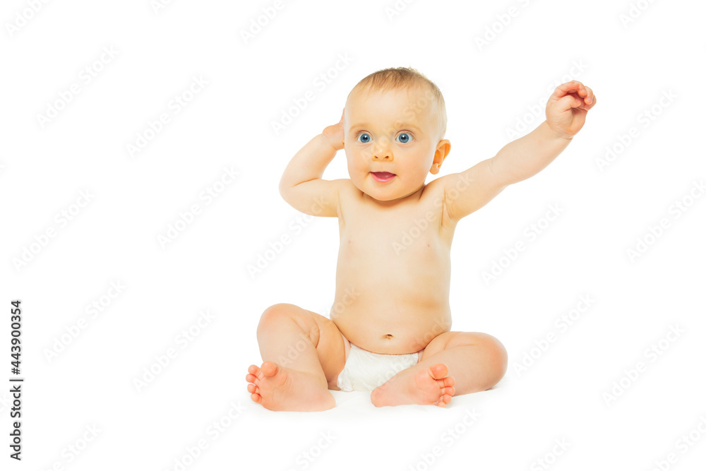 Baby girl in diaper isolated on white lift hands Baby girl in diaper isolated on white lift hands